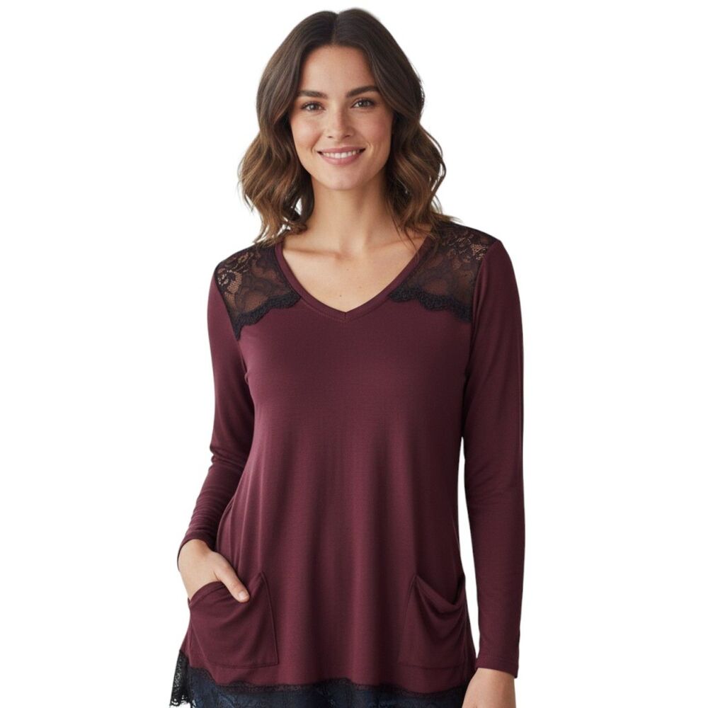 5 for $25 Logo by Lori Goldstein Women's Lace Hem Top